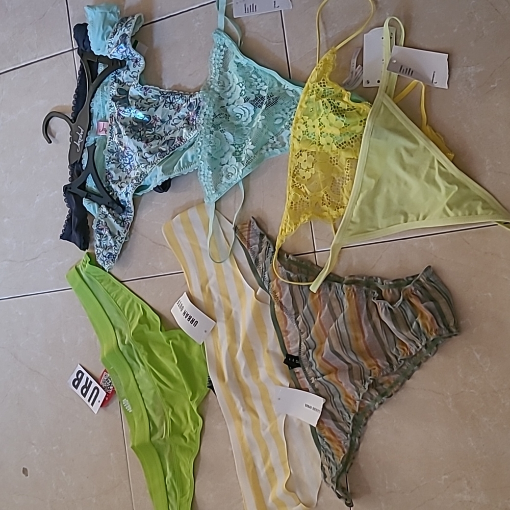 9 UO jezebel Green lace striped mesh ruched floral g string thong panty set